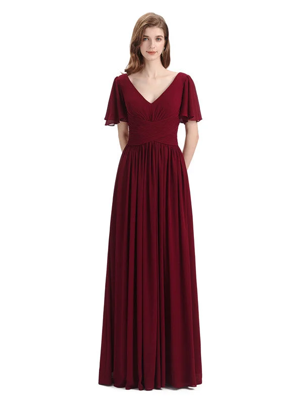 Formal Clothing For Women Romantic Date - Night Ensemble Chiffon A-line Short Sleeves Elegant Floor-Length Bridesmaid Dresses