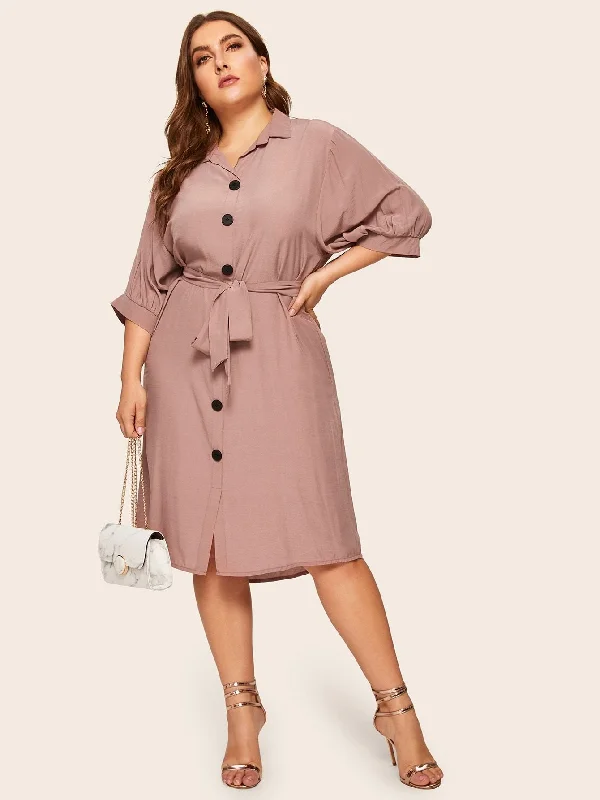 Sustainable Fashion Clothing For Women Soft Textures Plus Button Through Belted Shirt Dress