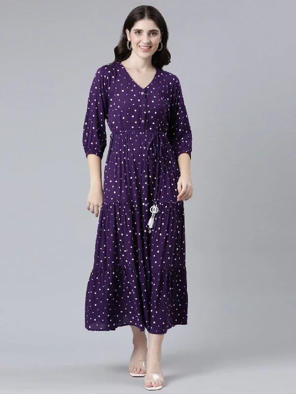 Women's Work Outfit For The Office Lighten Up with Nordic Styles Neeru's Purple Straight Casual Printed Gown