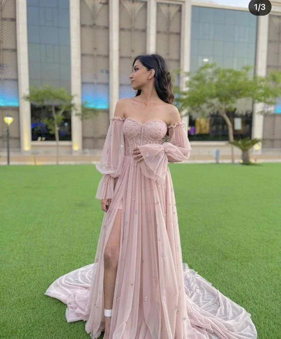 Women's Evening Apparel Limited - Edition Drops Pink Tulle Sweetheart Neck Long Sleeves Prom Dress Evening Dress