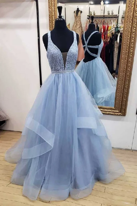 Charming Women's Outfit For Special Occasions Score Big on Glamorous Red - Carpet Styles Blue Long Prom Dresses Deep V-Neck Tulle Party Dresses Floor Length Sleeveless Dresses N1561