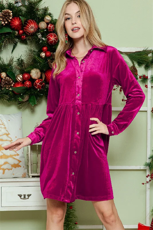 Women's Layered Outfit Sophisticated Cut Rose Long Sleeve Ruffle Velvet Button Up Shirt Dress