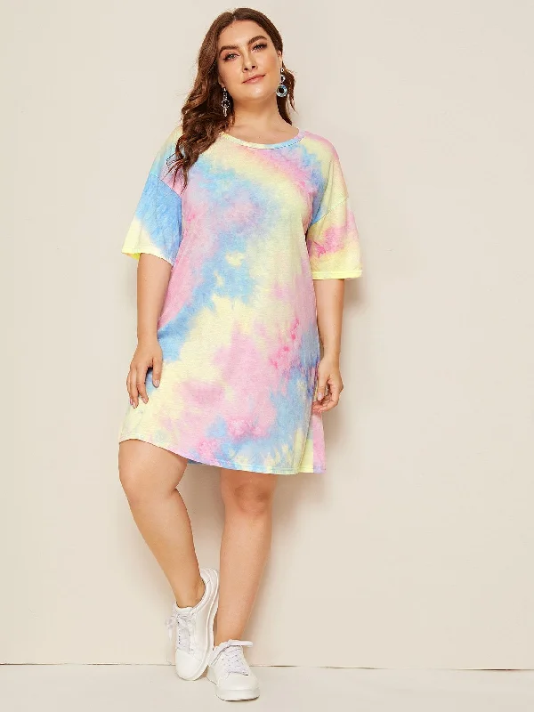 Women's Clothing With Trendy Designs Mid - Week Surprise Plus Size Casual Dresses Plus Tie Dye Drop Shoulder T-shirt Dress