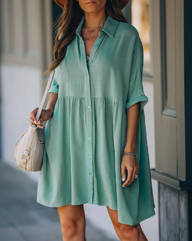 Women's Comfortable Lounge Attire Weekend Special Hails Linen Blend Button Down Shirt Dress - Sage