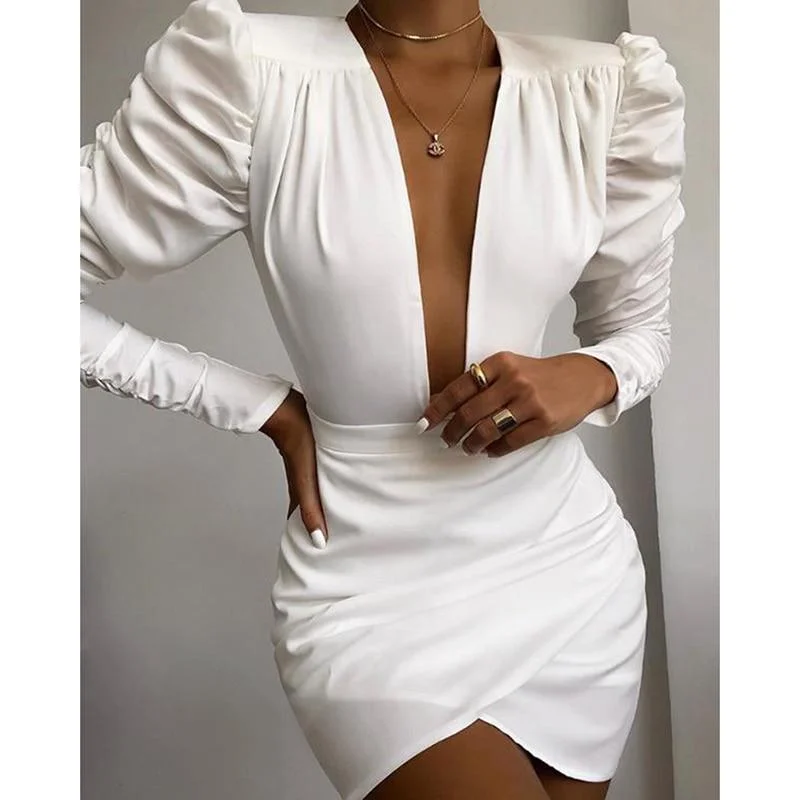 Women's Casual Wear Clothes Vintage Retro Party Wear FashionSierra - Irregular Solid White Long Sleeve Women Dress V Neck Puff Sleeve Party Dress Elegant Ladies Formal Workwear Vestidos Mujer