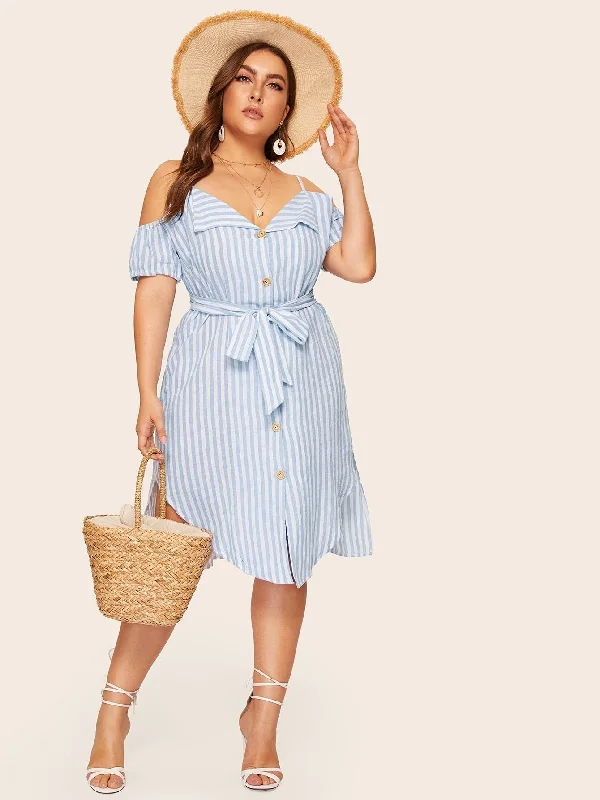 Women's Evening Outfit Feminine Elegance Plus Cold Shoulder Striped Shirt Dress