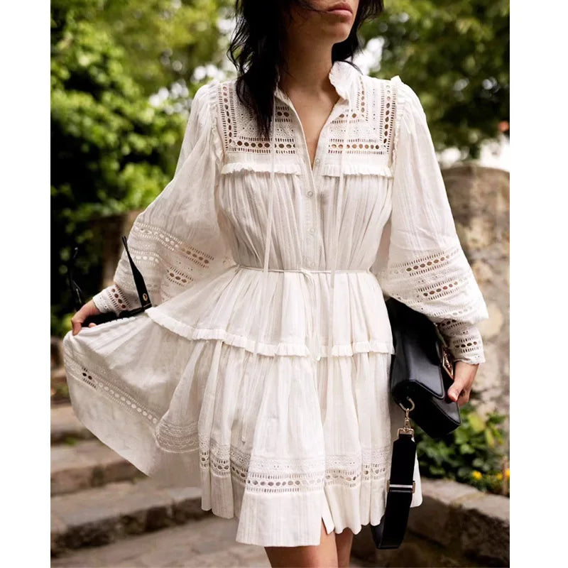 Women's Apparel Grab Romantic Date - Night Styles Now FashionSierra-Vintage  Embroidery  White  Lace  Puff  Long Sleeve  Mini  Autumn  Elegant Boho Dress