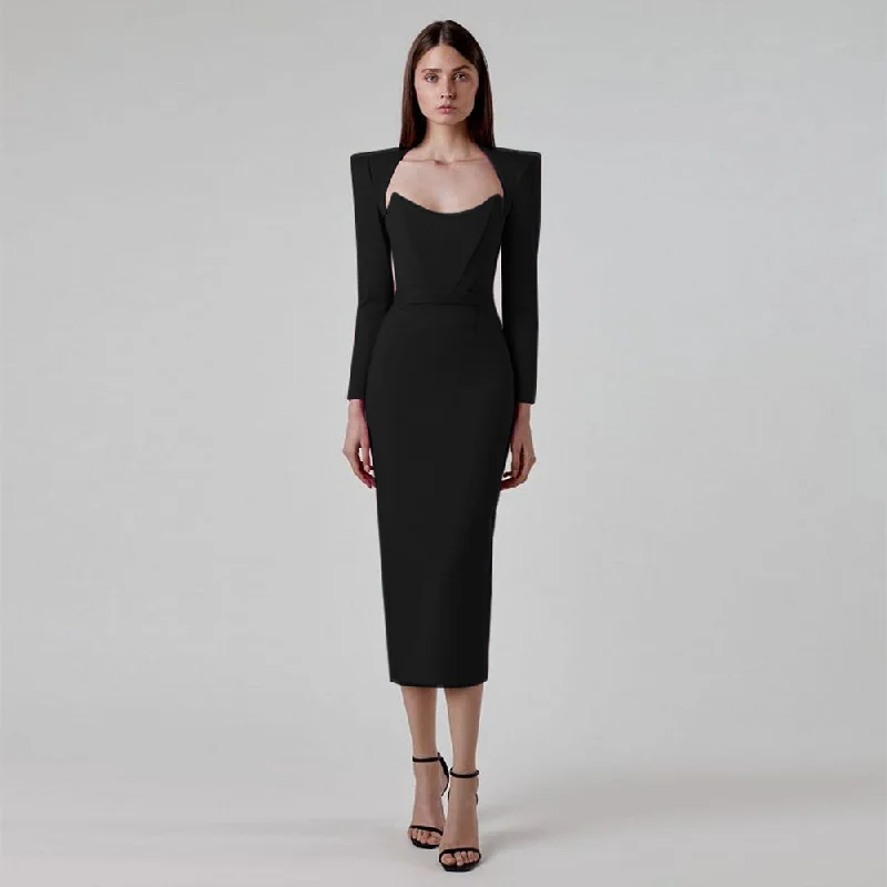 Women's Clothes For Work Classic Charm Square Collar Long Sleeve Slit Midi Bandage Dress PP23010