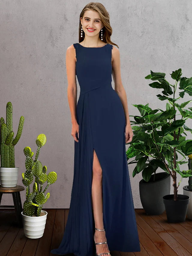 Luxury Women's Clothing Tropical Island - Inspired Attire Bridesmaid Dress Jewel Neck Sleeveless Elegant Floor Length Chiffon with Pleats  Split Front