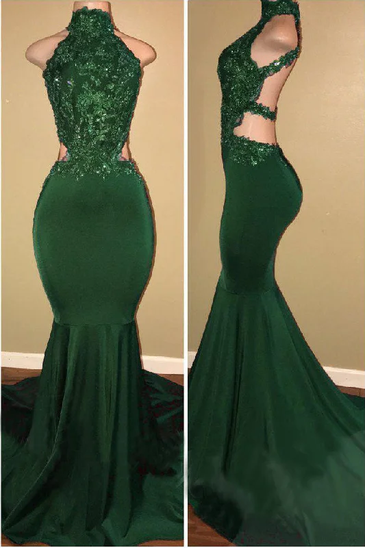 Women's Cozy Outfit For Lounging Grab Romantic Date - Night Styles Now Green High Neck Sleeveless Mermaid Long Prom Dresses with Appliques Sexy Party Dresses N1585