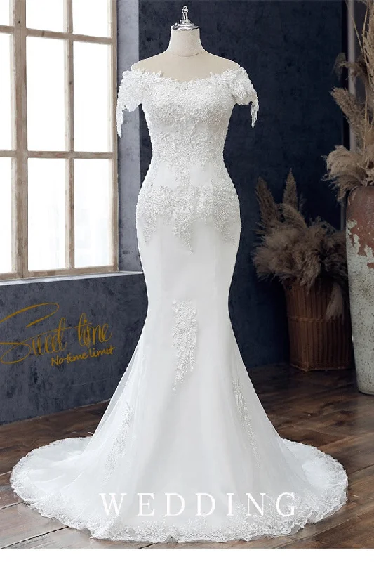 Women's Professional Outfit Hollywood Glam Award - Show Style White Appliqués Off-the-Shoulder Cap Sleeve Trumpet Wedding Dress