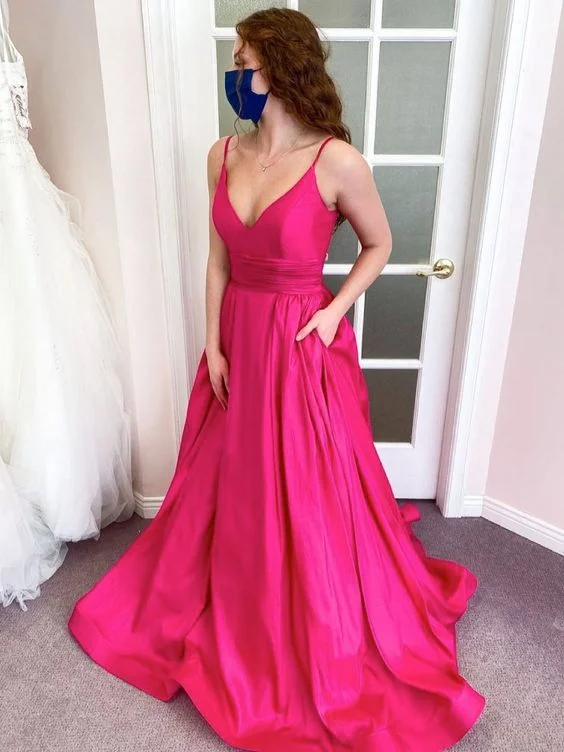 Women's Outerwear Garments Effortless Sophistication Simple pink v neck satin long prom dress pink formal dress    cg22059