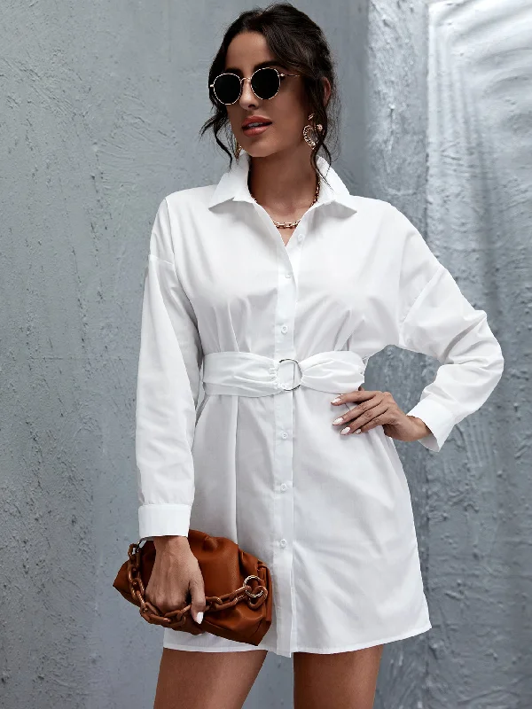 Women's Evening Clothes Father's Day Deals KittenAlarm - Button Up Shirt Dress With O-Ring Belt