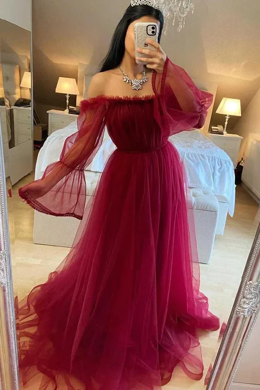 Stylish Outerwear Clothing For Women Huge Savings on Parisian Styles Burgundy Tulle Evening Dress With Long Sleeves Y503