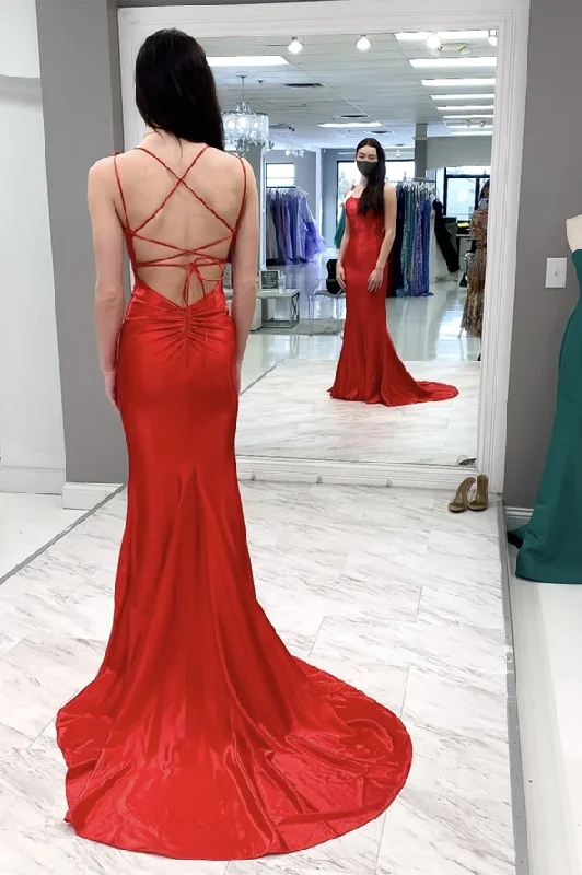 Women's Resort Apparel Chic Allure Red satin long prom dress mermaid evening dress    cg21319