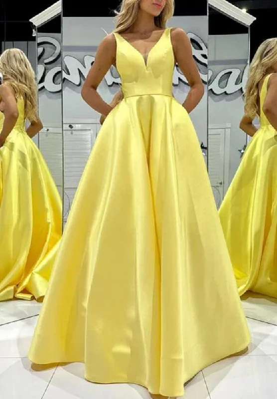 Women's Travel Attire Flowy Fabric Women V-Neck Satin Prom Dresses Long A-Line Evening Gowns Formal Party Dress YPD380