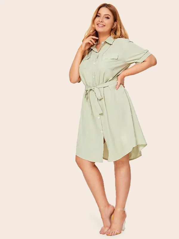 Women's High-End Clothing Mother's Day Special Plus Double Pocket Self Tie Midi Shirt Dress