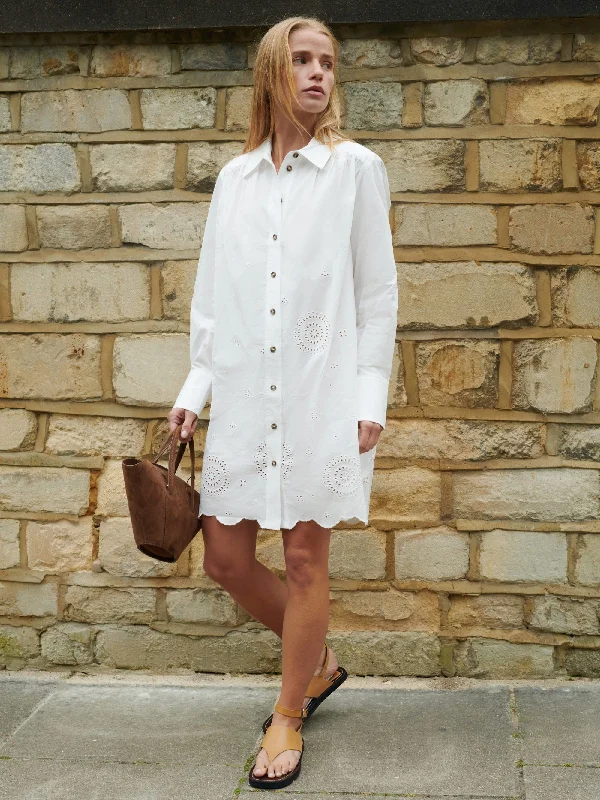 Women's Office Outfit Y2K Nostalgic Fashion Look White Laser-Cut Hem Shirt Dress