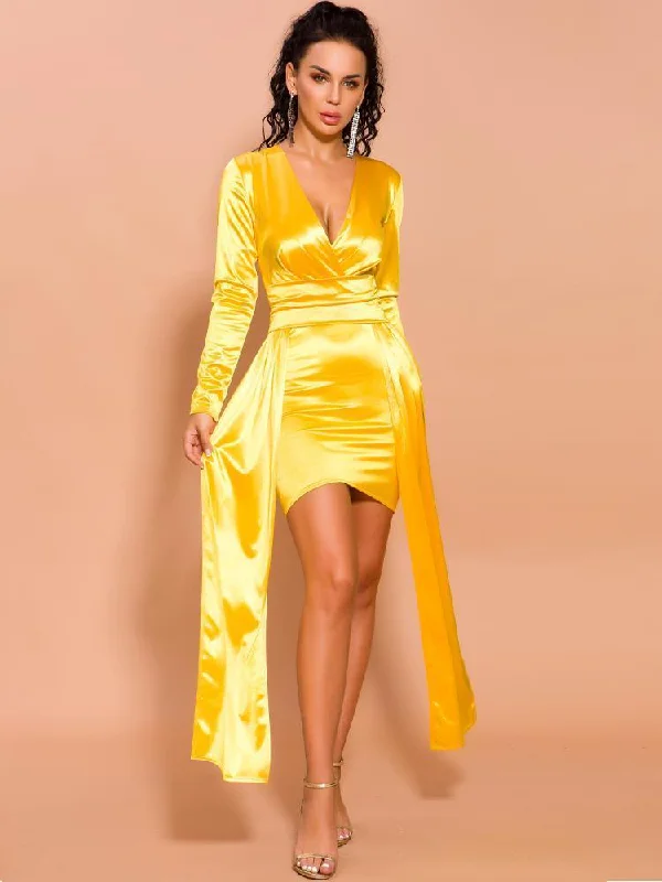 Women's Wardrobe Apparel Father's Day Deals Cocktail Yellow Satin Dresses