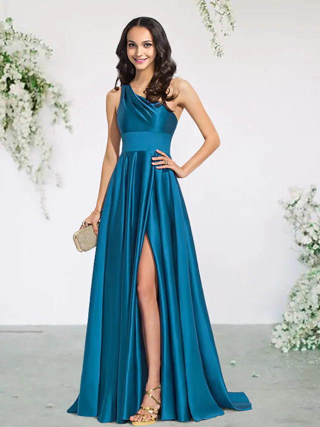 Women's Transitional Clothes Casual Elegance A-Line Bridesmaid Dress One Shoulder Sleeveless  Brush Train  Charmeuse with  Pleats  Split  Front