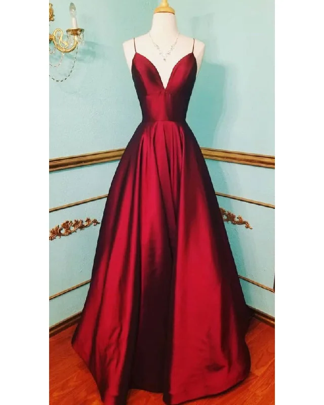 Women's Casual Outfit Minimalist Office - Ready Style Elegant A Lien Satin Spaghetti Long Prom Dresses Red PL1130