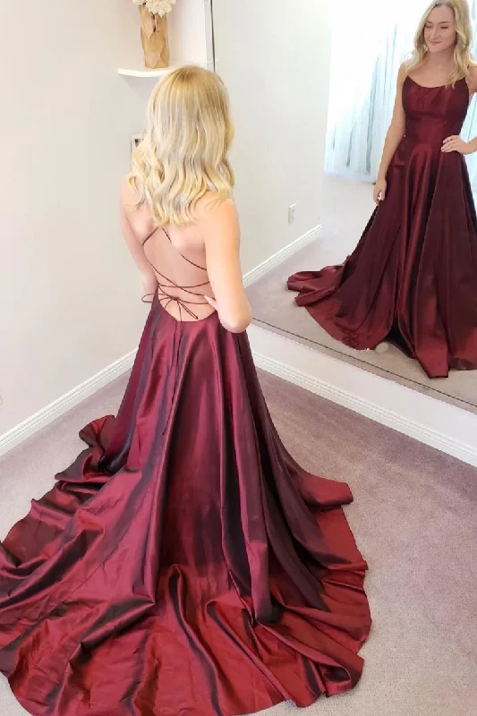 Affordable Luxury Women's Apparel Bold Patterns Simple burgundy satin long prom dress burgundy formal dress    cg21332