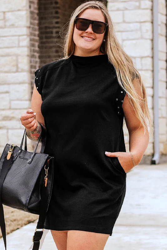 Women's Vacation Outfit Refined Simplicity Black Studded Cap Sleeve Plus Size T Shirt Dress