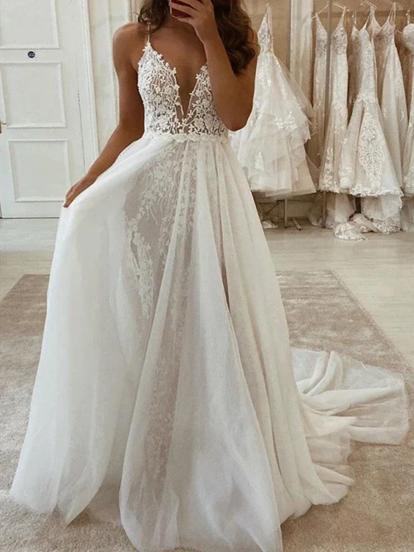 Affordable Women's Outfit Coastal Beach - Inspired Style Spaghetti Long A-line Tulle Lace Wedding Dresses, Romantic Wedding Dresses, Bridal Gown