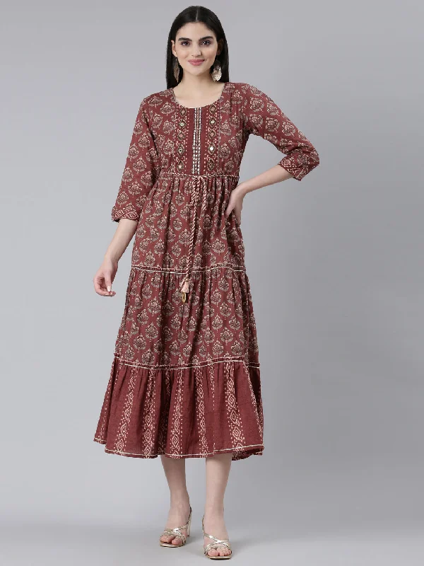 Women's Formal Event Attire Refined Simplicity Neeru's Brown Straight Casual Printed Gown