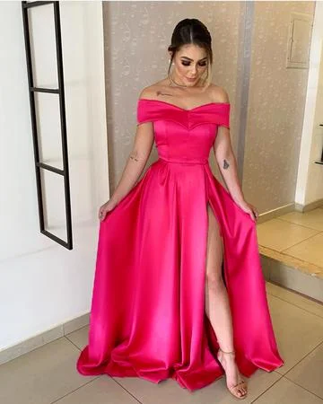 Stylish Outerwear Clothes For Women Feminine Soft - Hued Styles LONG SEXY PROM GOWNS SPLIT SATIN OFF THE SHOULDER   cg16413