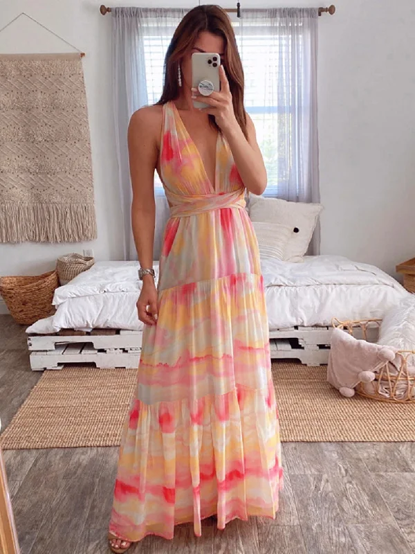 Women's Outfit Bold Patterns Halter Sleeveless Low Cut Maxi Bodycon Dress HB01252