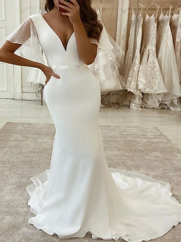 Formal Outfit For Women Minimalist Office - Ready Style V-neck Long Mermaid Simple Chiffon Wedding Dresses, Long Wedding Dresses, Popular Bridal Gown