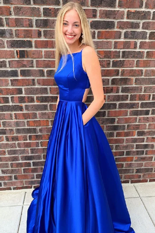 Modern Women's Outfit Big Savings on Minimalist Office Styles Simple A Line Open Back Royal Blue Satin Long Prom Dress with Pocket      cg23559