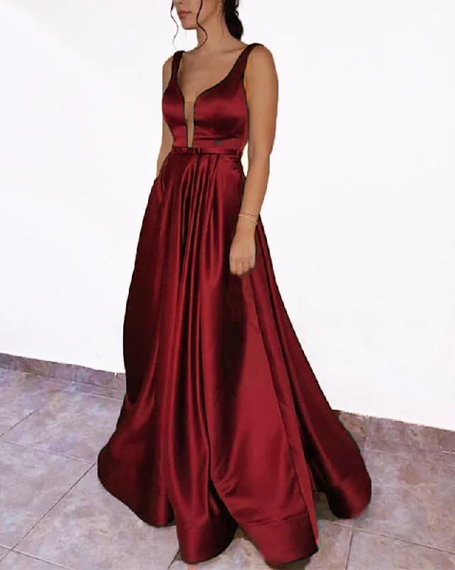 Charming Women's Garments Cottagecore Rustic Charm Style V Neck Satin Burgundy Long Prom Dresses with Straps PL669