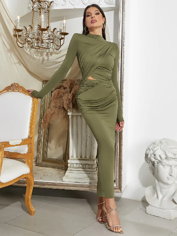 Women's Wardrobe Apparel Mid - Season Sale Semi-High Collar Long Sleeve Wrinkled Maxi Bodycon Dress HB100100