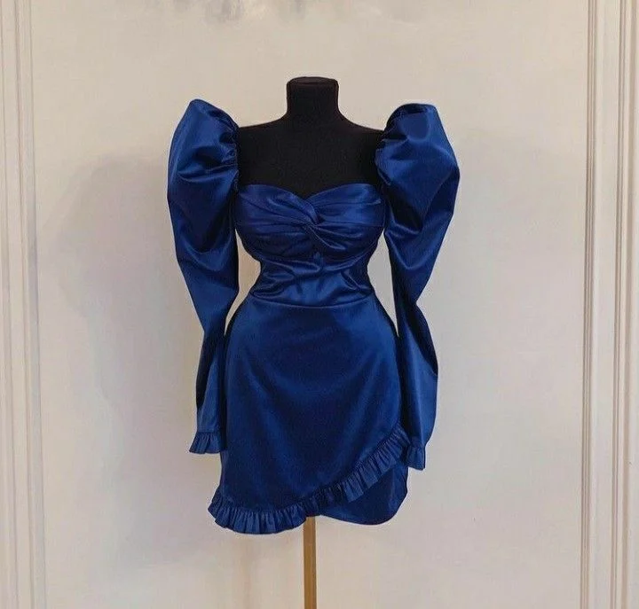 Women's Formal Event Outfit Fashion-Forward Style Retro Blue Homecoming Dress with Long Sleeves ,Y2538