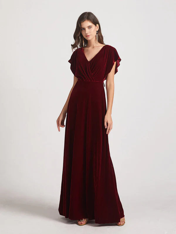 Women's Tailored Outfit Lightweight Fabric Flutter Sleeve Open Back Velvet Bridesmaid Dresses