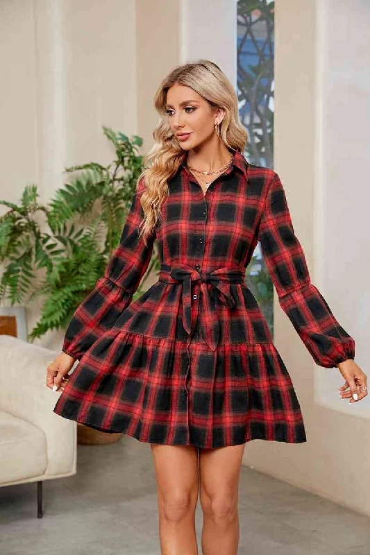 Women's Party Outfit Everyday Glamour Plaid Print Tie Waist Collared Neck Shirt Dress