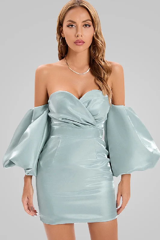 Women's Clothing And Garments Sets Hollywood Glam Award - Show Style Silky Puff Sleeve Satin Off Shoulder Cocktail Mini Dress - Turquoise