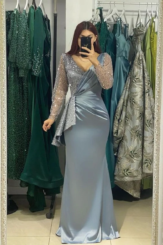 Women's Occasion Wear Clothing Minimalist Chic Charming Long V-Neck Long Sleeves Mermaid Prom Dress Mother Of The Bride  Y4489