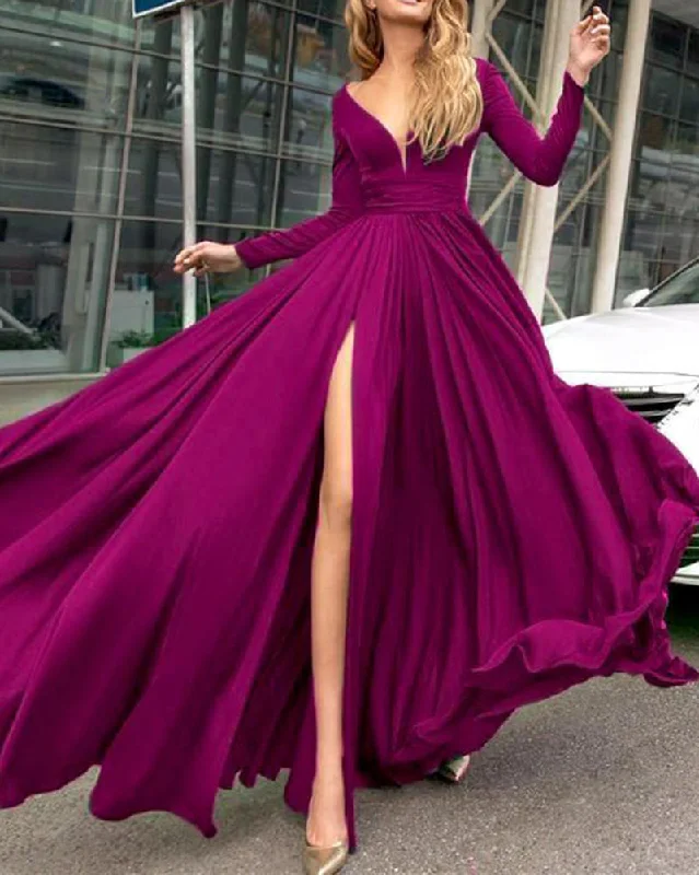 Women's Vacation Garments Celebrate with Big Savings Sexy Long Sleeves Evening Party Dress with Slit Formal Gown