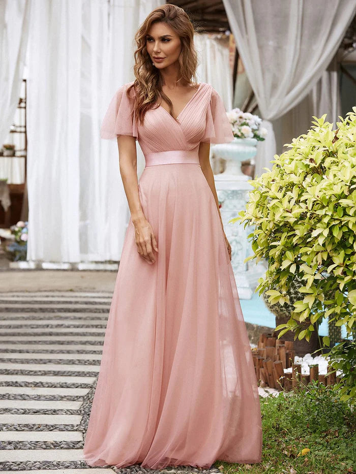 Women's Comfortable Lounge Outfit Graceful Drape Women's Double V-Neck Floor-Length Bridesmaid Dress with Short Sleeve