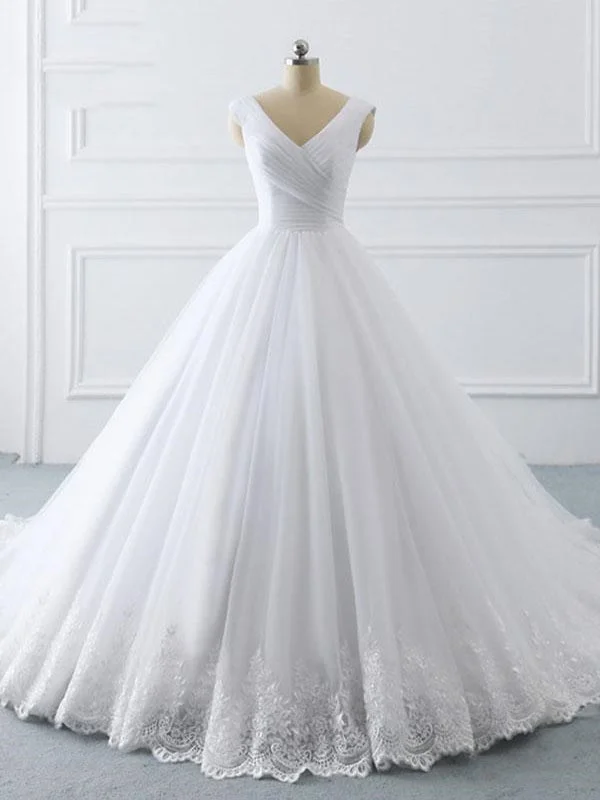 Women's Outdoor Attire Last Chance Sale V-neck A-line White Tulle Lace Wedding Dresses, Bridal Gown