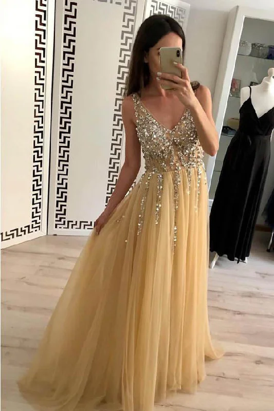 Women's Transitional Outfit Flash Sale Sparkly V-Neck Sleeveless Beading Prom Dresses with Crystal A Line Tulle Party Dresses N1588