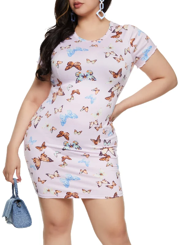 Women's Charming Outfit For Events Grab Romantic Date - Night Styles Now Plus Size Butterfly Printed T Shirt Dress