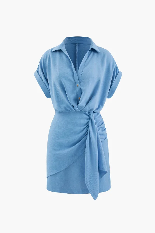 Charming Women's Outfit For Special Occasions Boho - Chic Festival - Ready Style Ruched Detail Mini Shirt Dress