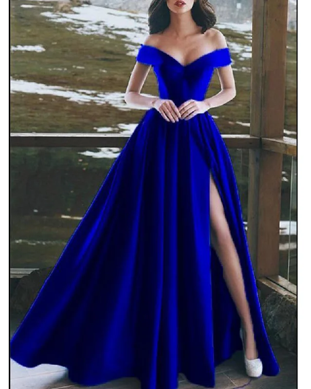 Timeless Women's Outfit Discounts on Casual Weekend Styles Royal Blue Vestido Longo Satin A Line Slit  Evening Party Dresses Long PL301