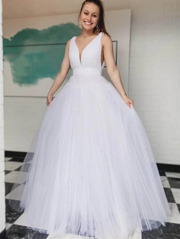 Women's Trendy Attire Bold Patterns V-neck Simple Tulle Wedding Dresses, Long Wedding Dresses, Bridal Gown, 2020 Wedding Dresses