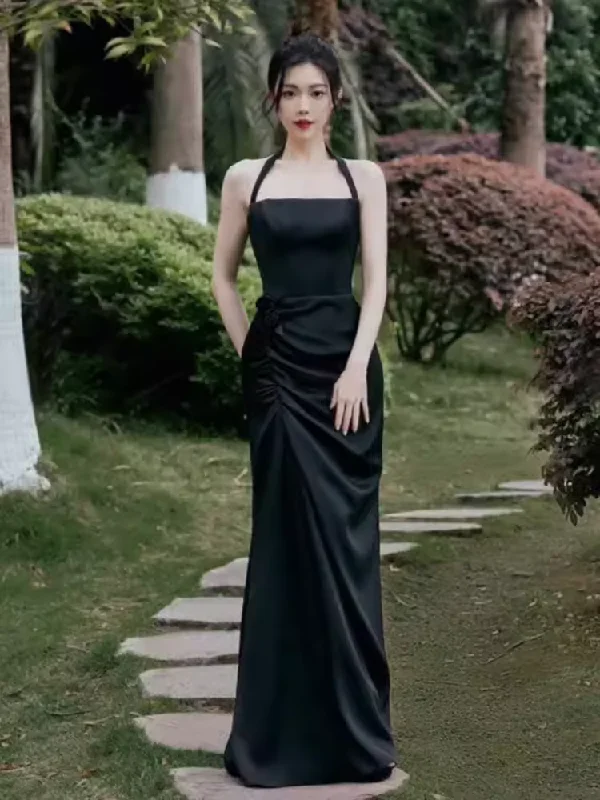 Women's Transitional Garments Flash Sale Sexy Mermaid Halter Black Satin Long Prom Dress B659