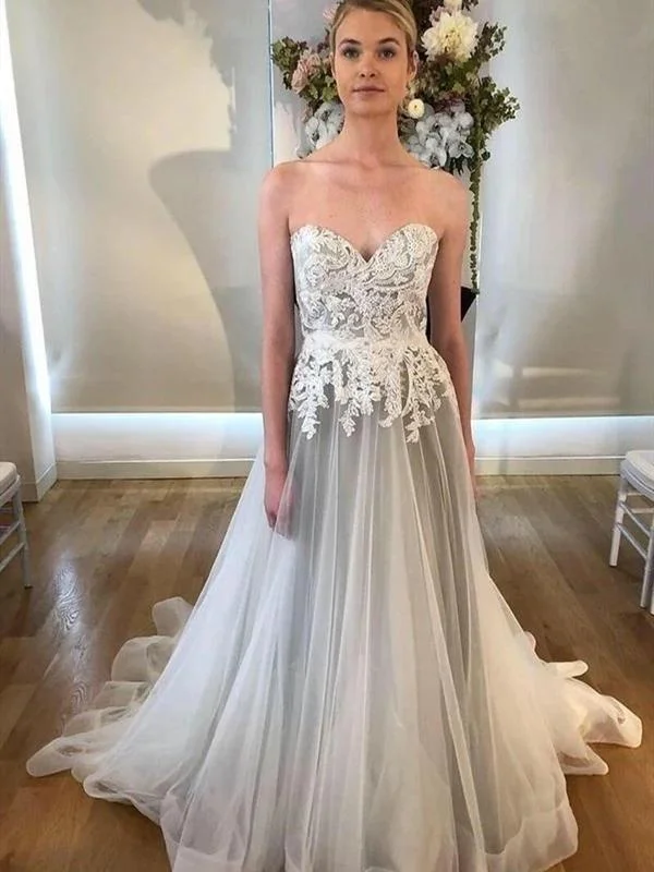 Affordable Luxury Women's Apparel Casual Elegance Sweetheart Long A-line Lace Wedding Dresses, Light Grey Wedding Dresses, Popular Bridal Gown